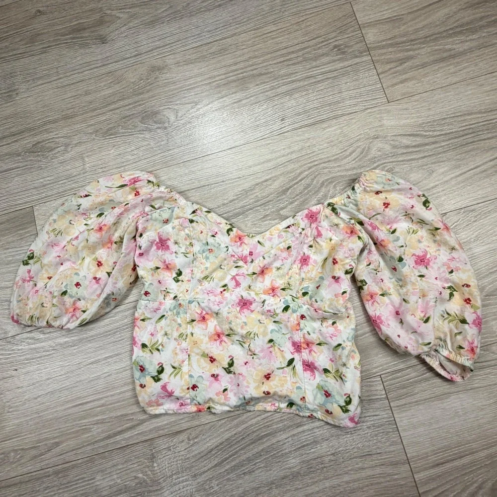 Abercrombie & Fitch Womens Small Floral Puff Sleeve Smocked‎ Sweetheart Crop Top